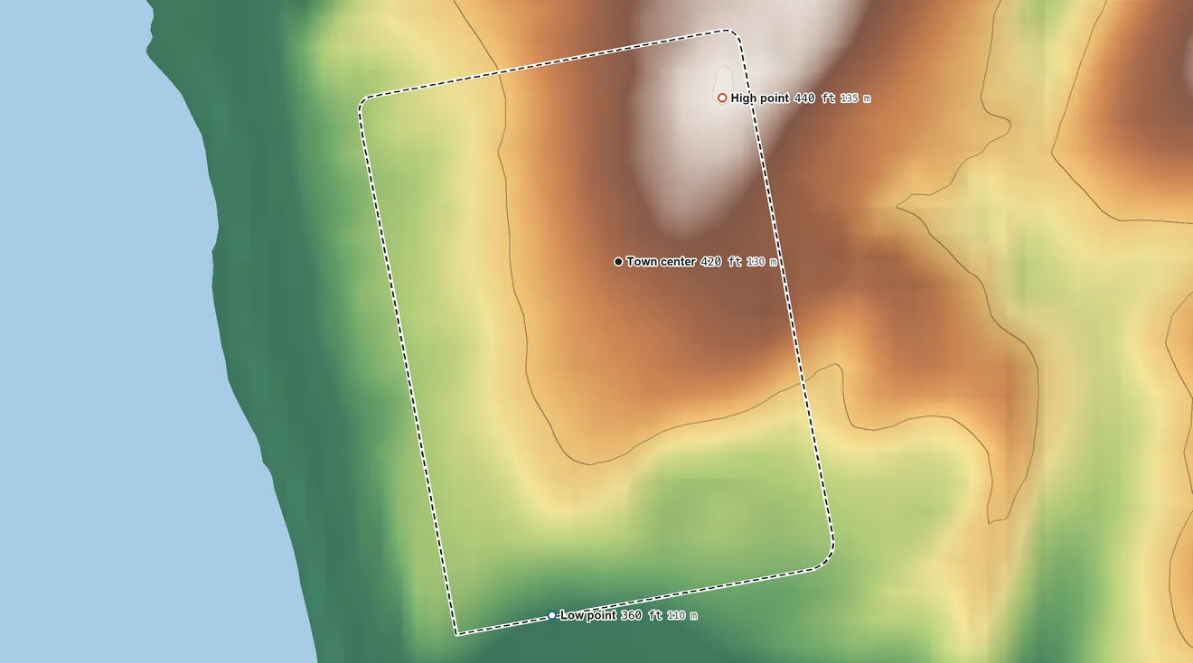 Topographic elevation map of Wallula, Washington, shaded from 360 ft on the south side to 440 ft on the northeast side