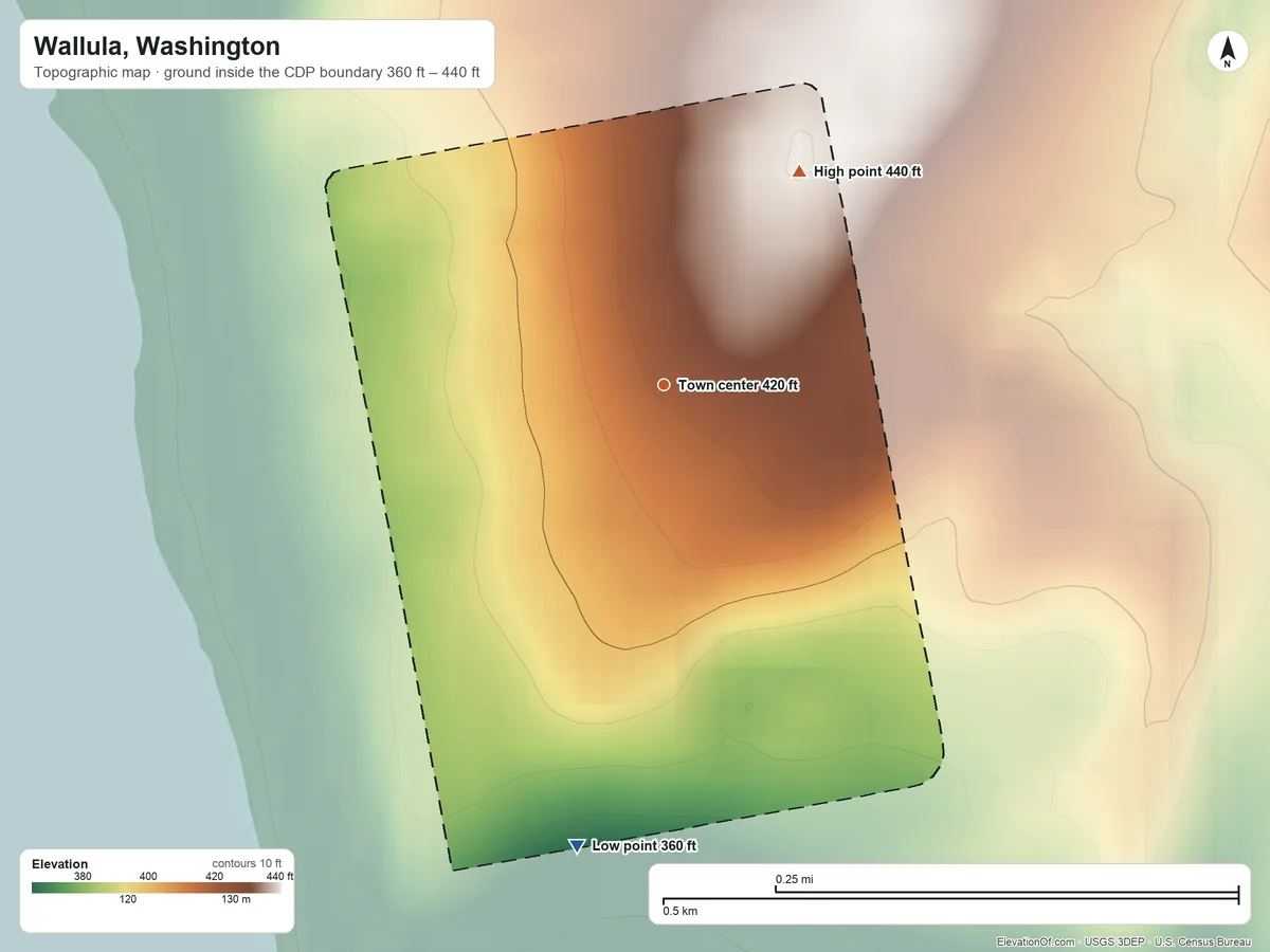 Topographic elevation map of Wallula, Washington, shaded from 360 ft on the south side to 440 ft on the northeast side