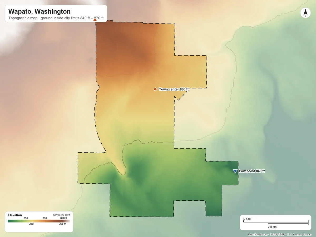 Topographic elevation map of Wapato, Washington, shaded from 840 ft on the southeast side to 870 ft on the northwest side