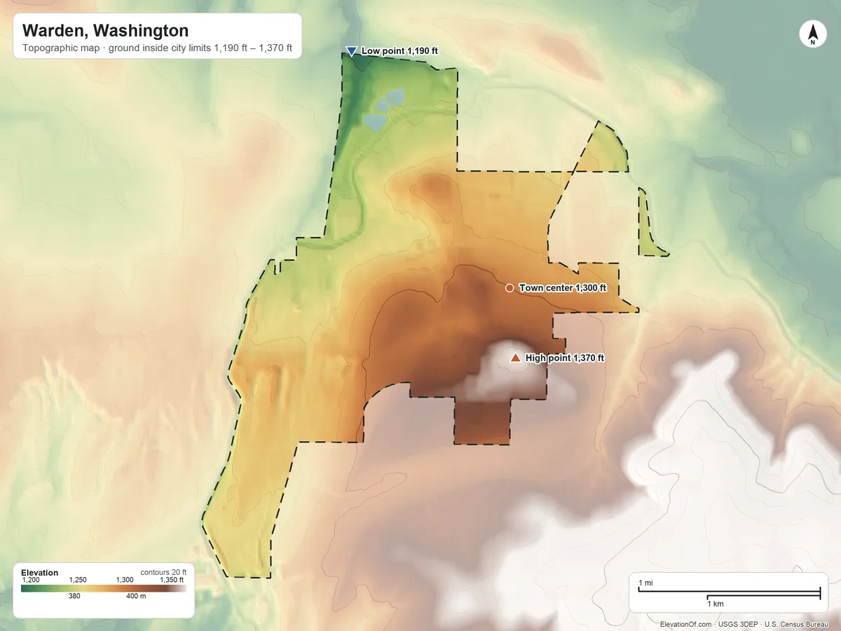 Topographic elevation map of Warden, Washington, shaded from 1,190 ft on the northwest side to 1,370 ft on the south side