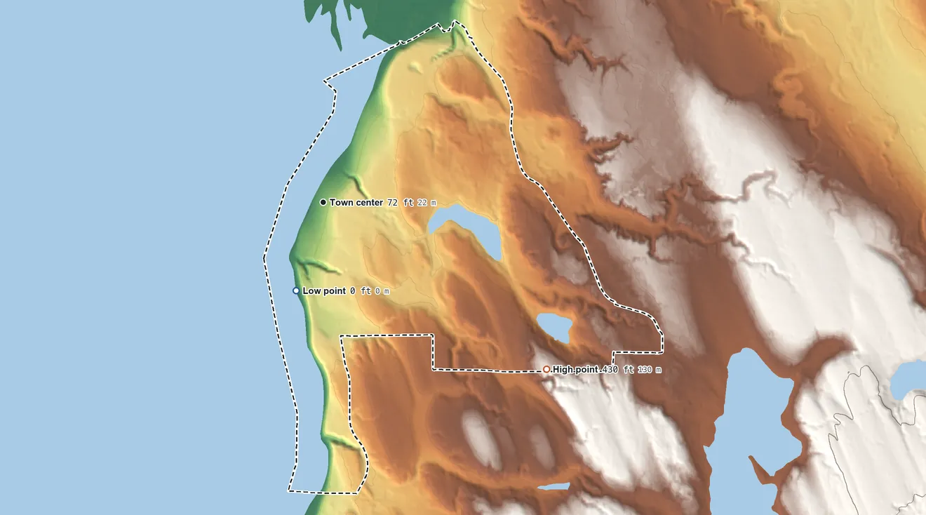 Topographic elevation map of Warm Beach, Washington, shaded from sea level level on the Salish Sea to 430 ft on the southeast side