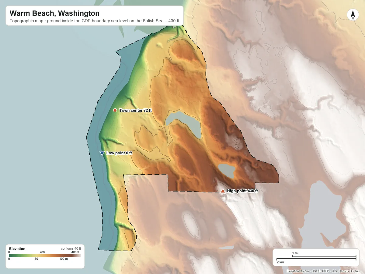 Topographic elevation map of Warm Beach, Washington, shaded from sea level level on the Salish Sea to 430 ft on the southeast side