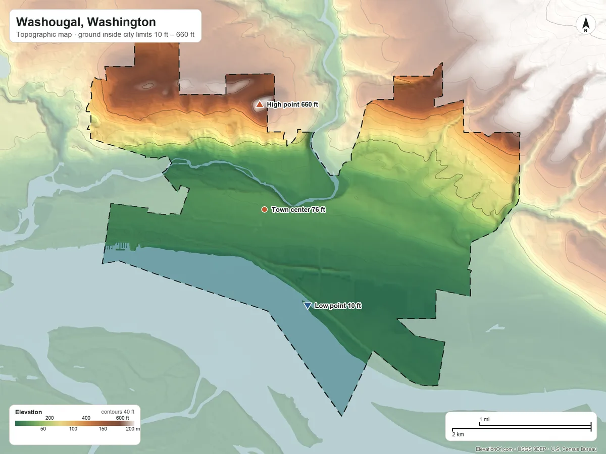 Topographic elevation map of Washougal, Washington, shaded from 10 ft on the southeast side to 660 ft on Woodburn Hill