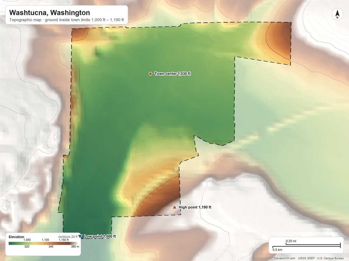 Topographic elevation map of Washtucna, Washington, shaded from 1,000 ft on the southwest side to 1,190 ft at the foot of the Sand Hills