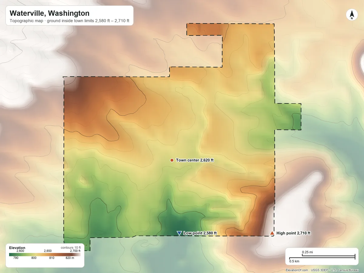 Topographic elevation map of Waterville, Washington, shaded from 2,580 ft on the south side to 2,710 ft on the southeast side
