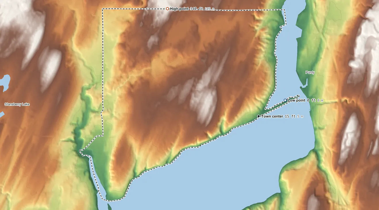 Topographic elevation map of Wauna, Washington, shaded from sea level level on the Salish Sea to 340 ft on the northwest side