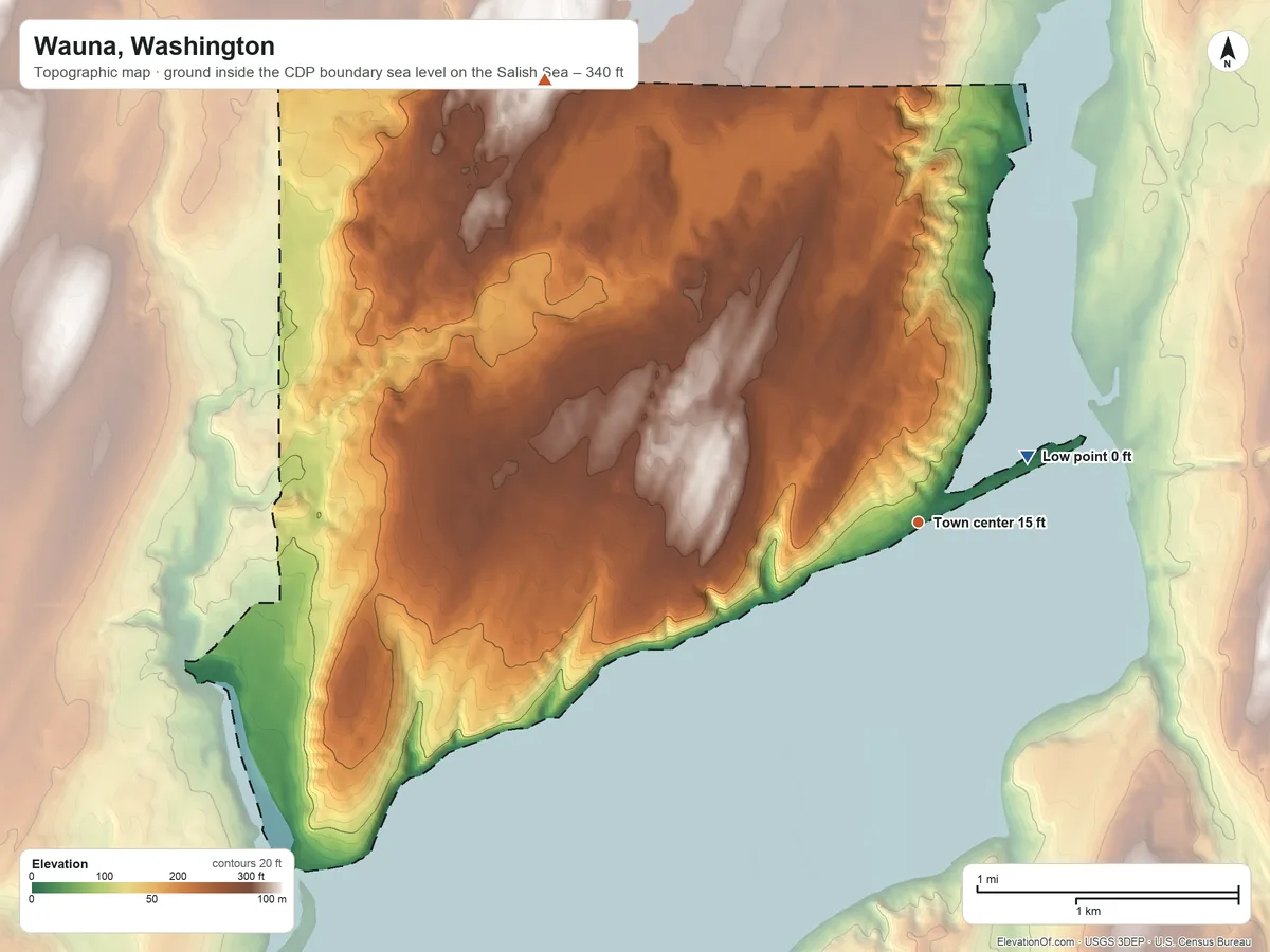 Topographic elevation map of Wauna, Washington, shaded from sea level level on the Salish Sea to 340 ft on the northwest side