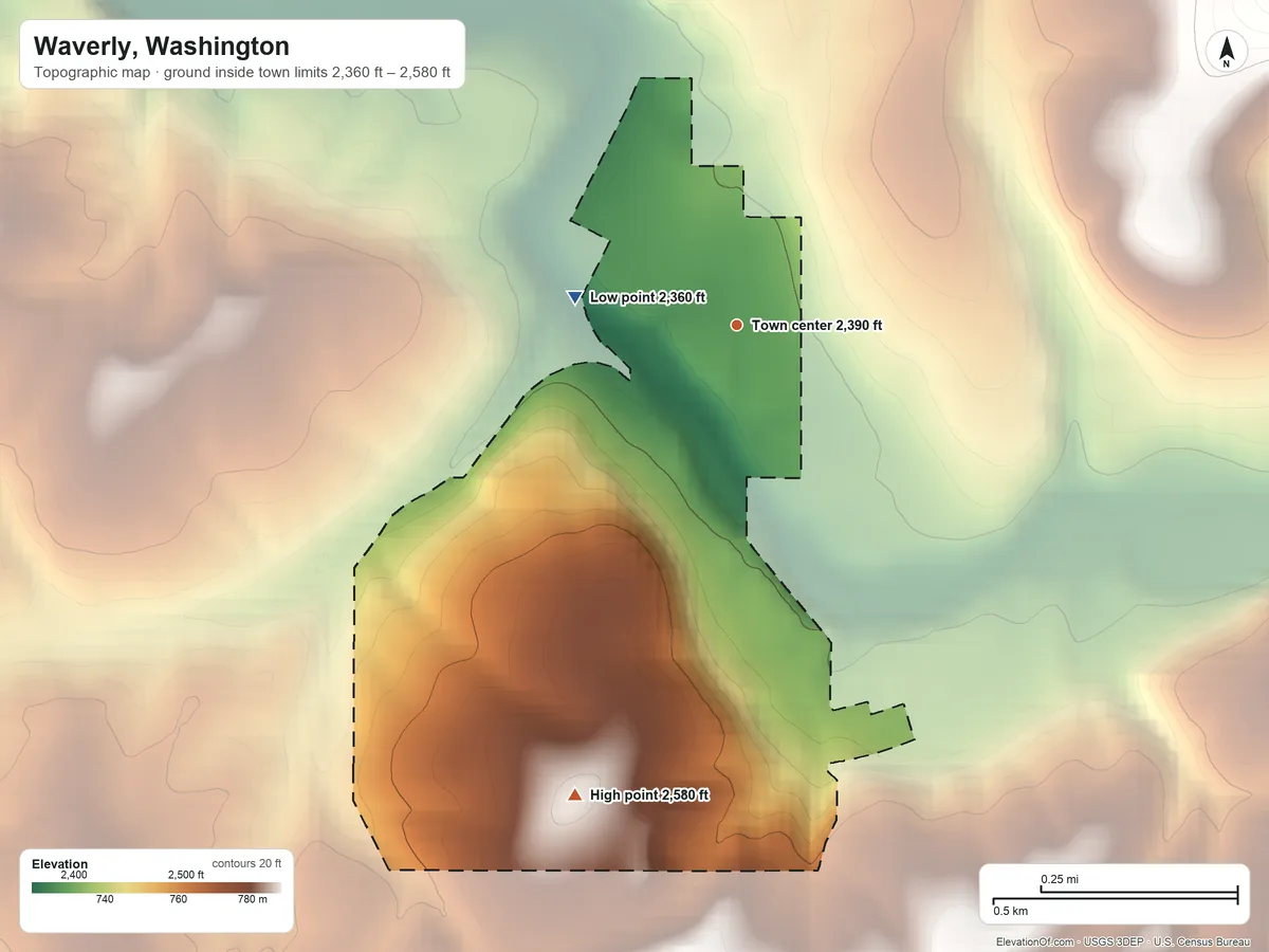 Topographic elevation map of Waverly, Washington, shaded from 2,360 ft on the west side to 2,580 ft on the south side