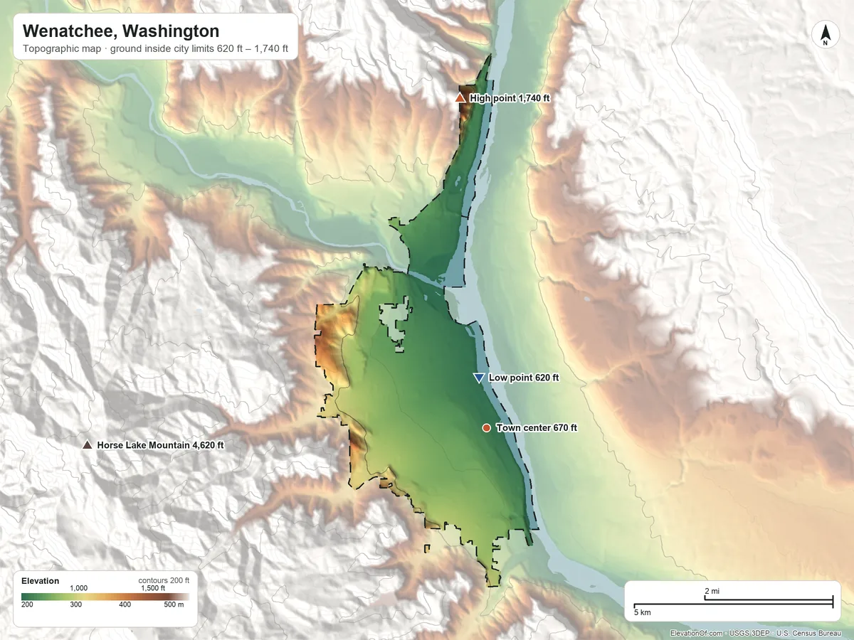 Topographic elevation map of Wenatchee, Washington, shaded from 620 ft near the middle to 1,740 ft on the north edge, below higher ground just outside