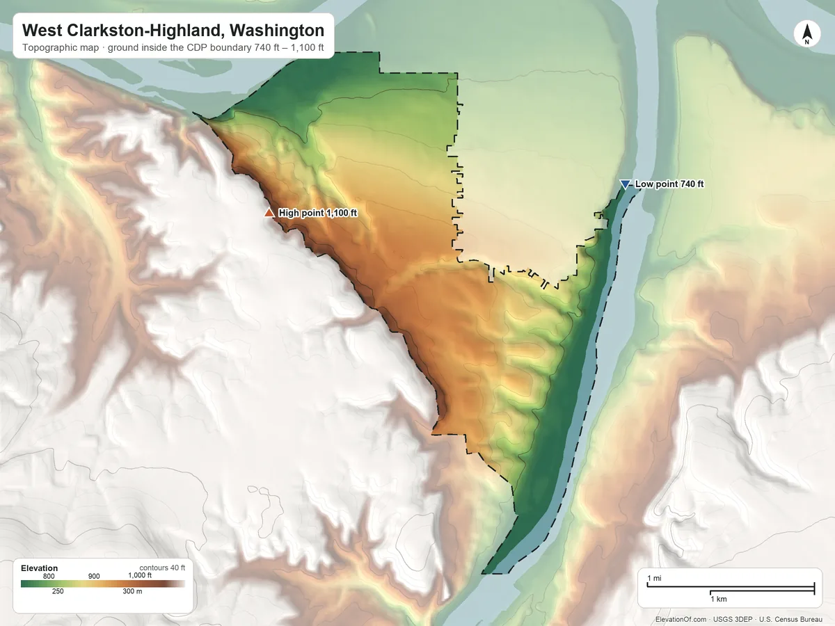 Topographic elevation map of West Clarkston-Highland, Washington, shaded from 740 ft on the east side to 1,100 ft on the west edge, below higher ground just outside