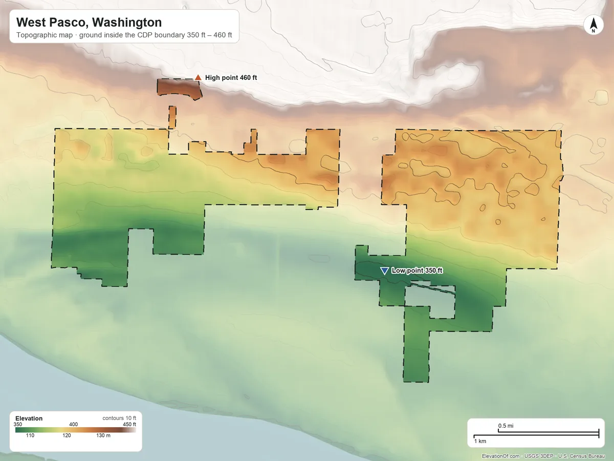 Topographic elevation map of West Pasco, Washington, shaded from 350 ft on the southeast side to 460 ft on the northwest side