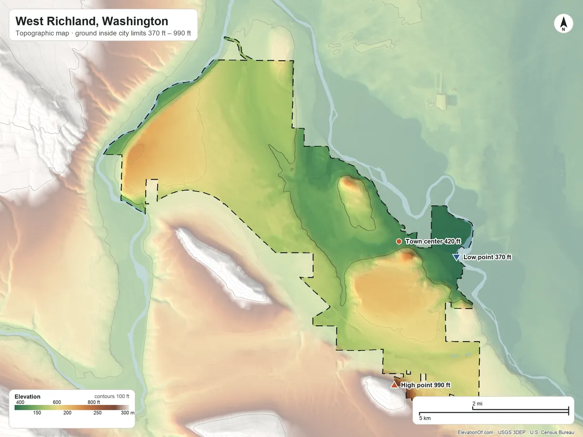 Topographic elevation map of West Richland, Washington, shaded from 370 ft on the east side to 990 ft on the south edge, below higher ground just outside