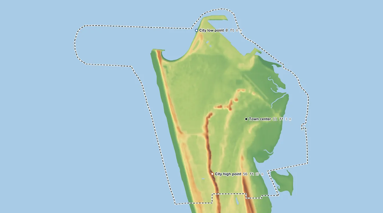 Topographic elevation map of Westport, Washington, shaded from sea level level on Grays Harbor to 56 ft on the southwest side