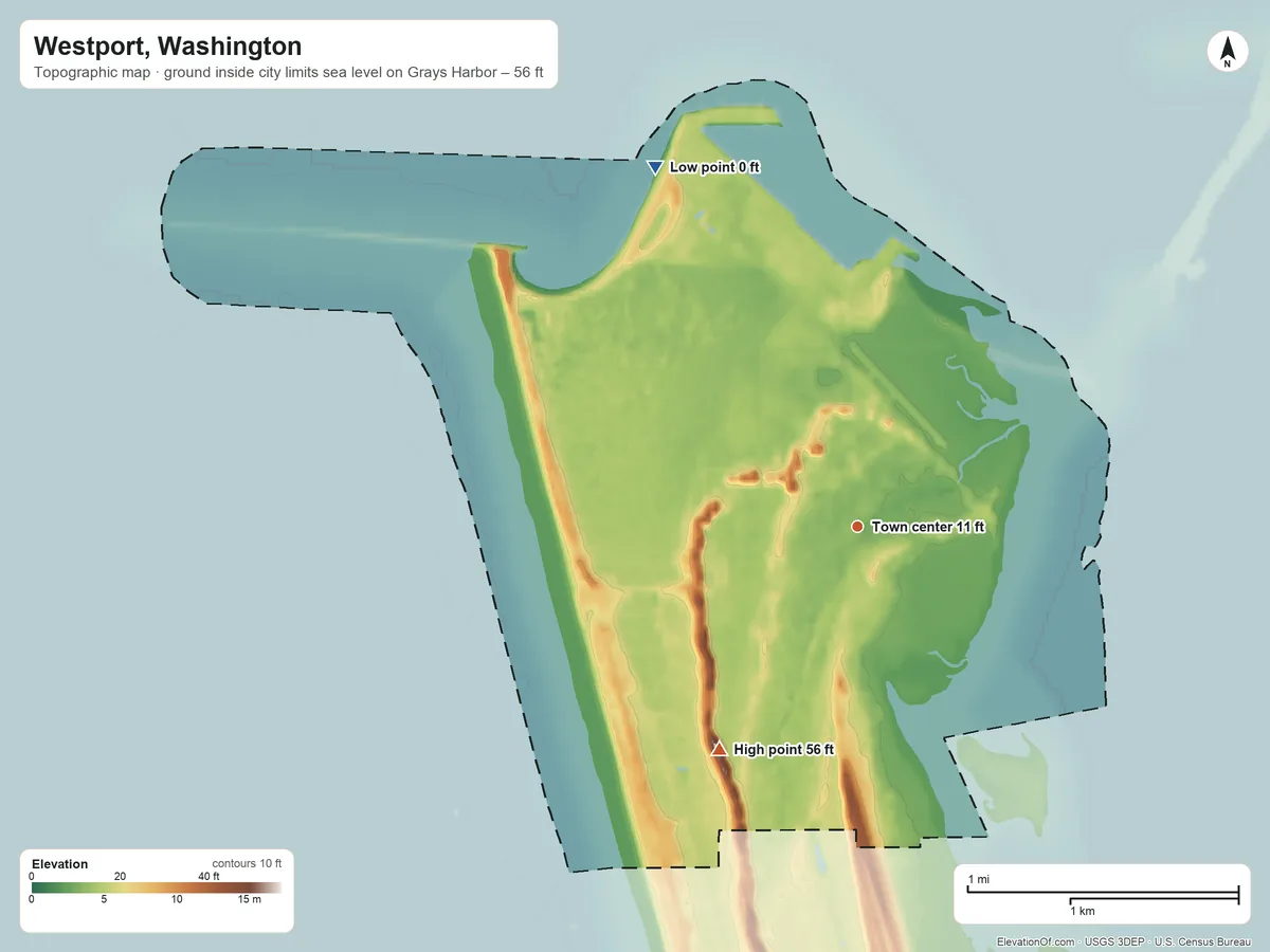 Topographic elevation map of Westport, Washington, shaded from sea level level on Grays Harbor to 56 ft on the southwest side