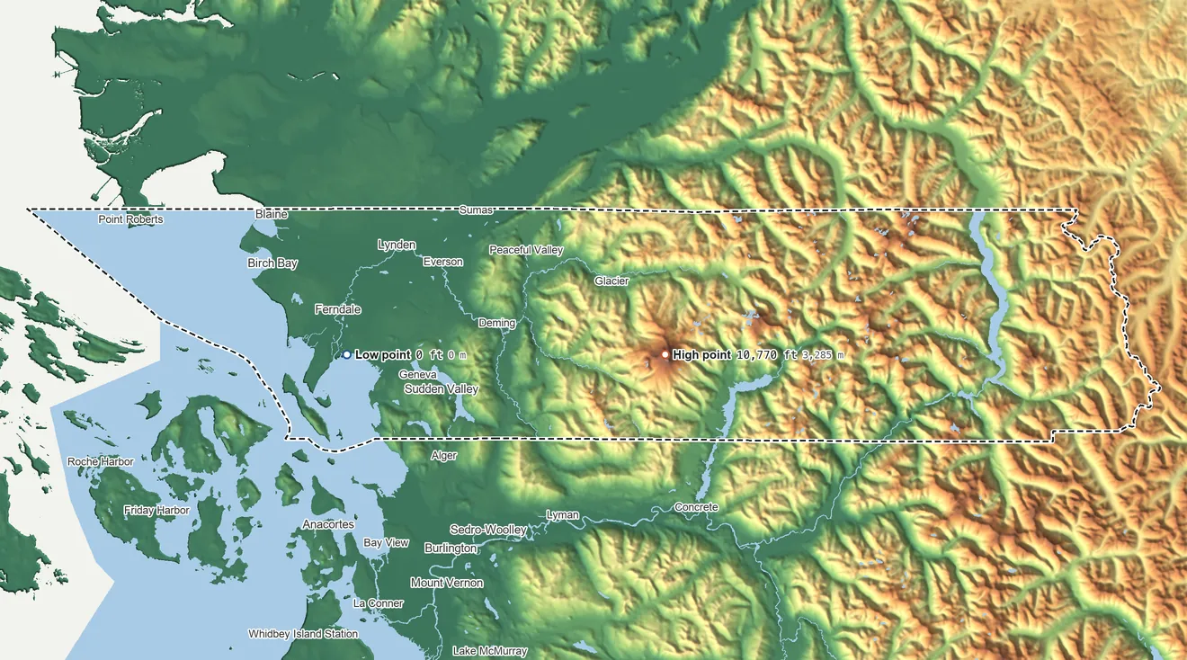 Topographic elevation map of Whatcom County, Washington, shaded from sea level on Bellingham Bay to 10,770 ft on Mount Baker