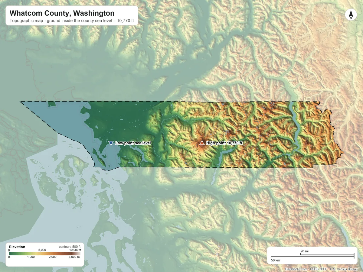 Topographic elevation map of Whatcom County, Washington, shaded from sea level on Bellingham Bay to 10,770 ft on Mount Baker