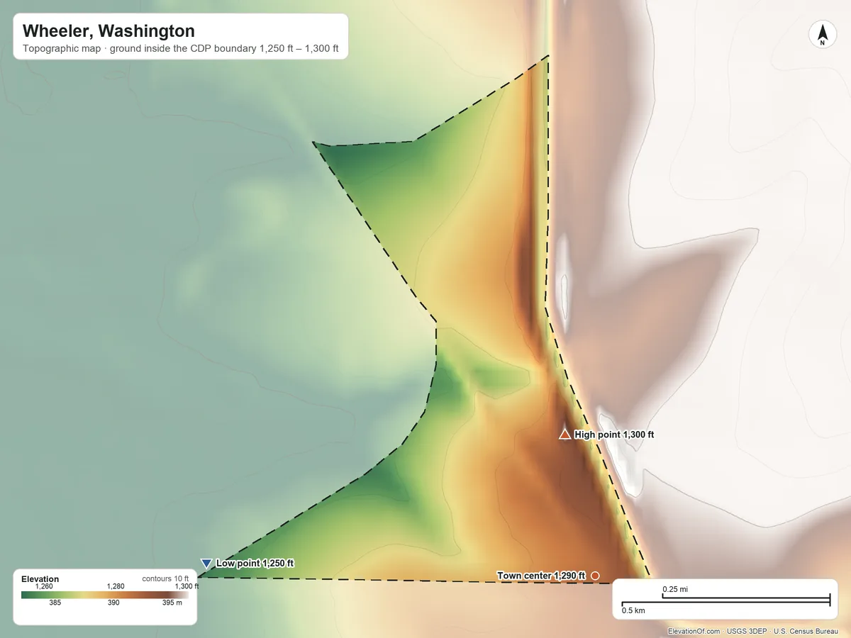 Topographic elevation map of Wheeler, Washington, shaded from 1,250 ft on the west side to 1,300 ft on the north side