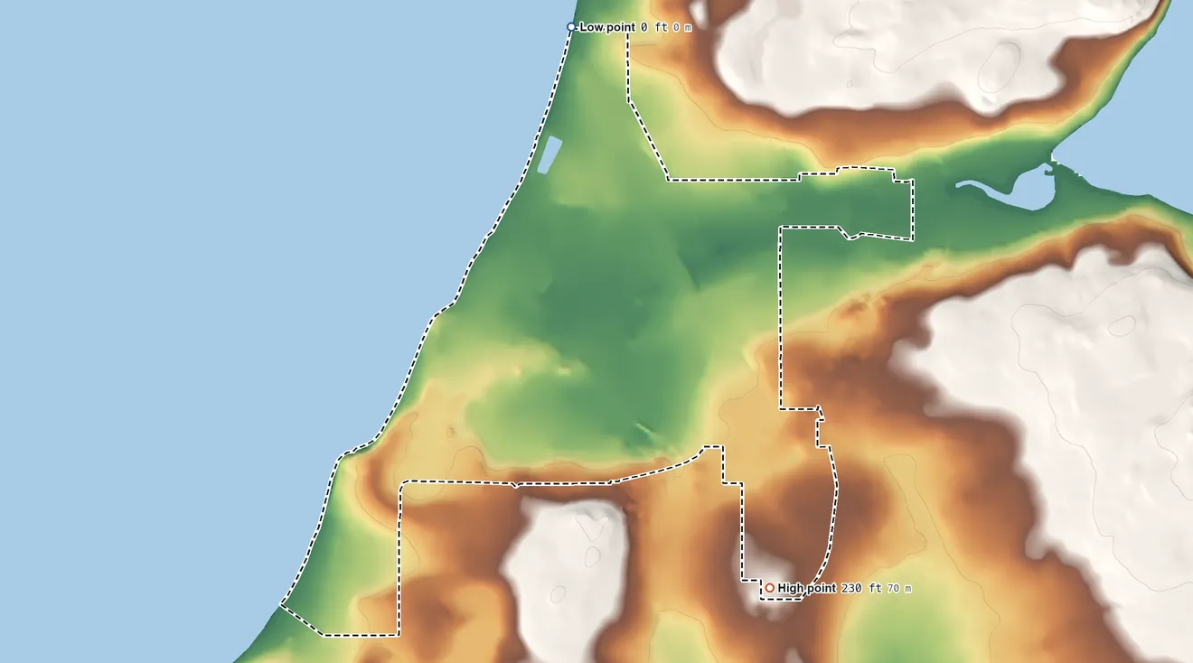 Topographic elevation map of Whidbey Island Station, Washington, shaded from sea level level on the Strait of Juan de Fuca to 230 ft on the southeast side
