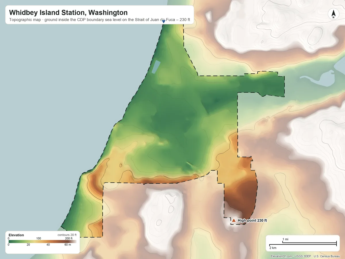 Topographic elevation map of Whidbey Island Station, Washington, shaded from sea level level on the Strait of Juan de Fuca to 230 ft on the southeast side