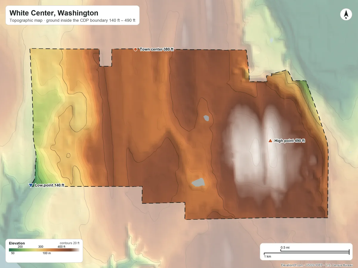 Topographic elevation map of White Center, Washington, shaded from 140 ft on the southwest side to 490 ft on the southeast side