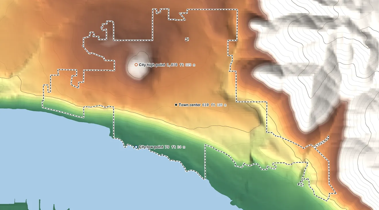 Topographic elevation map of White Salmon, Washington, shaded from 79 ft on the southwest side to 1,070 ft at the foot of the Monte Cristo Range