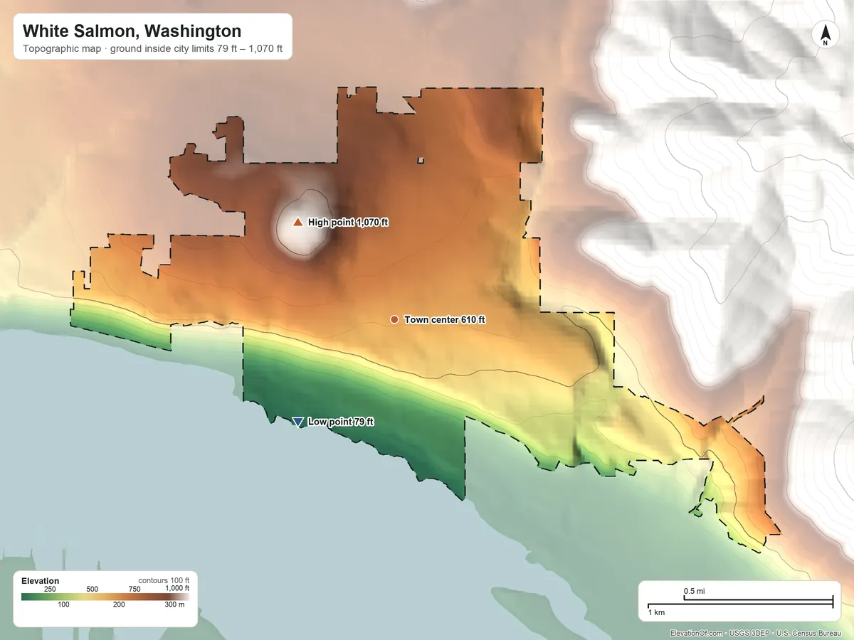Topographic elevation map of White Salmon, Washington, shaded from 79 ft on the southwest side to 1,070 ft at the foot of the Monte Cristo Range