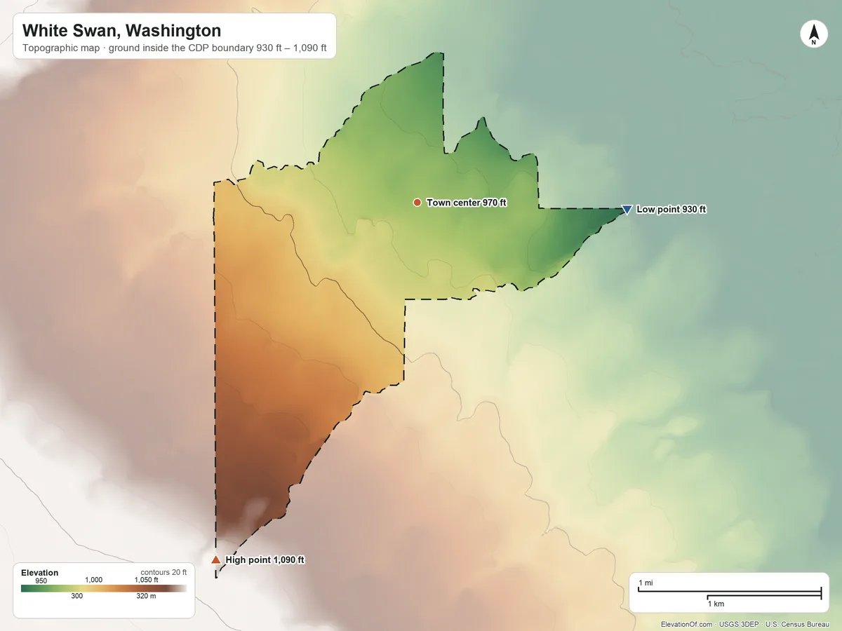 Topographic elevation map of White Swan, Washington, shaded from 930 ft on the east side to 1,090 ft on the southwest side
