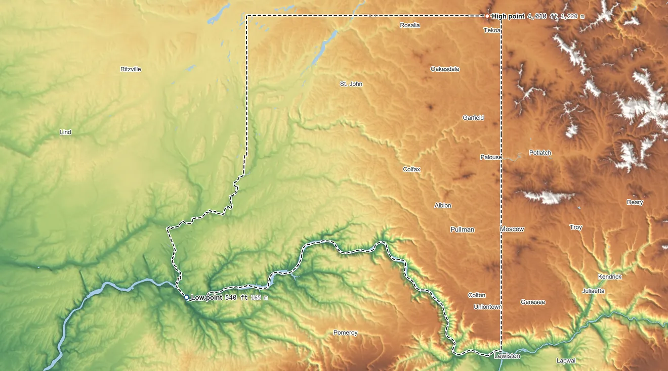 Topographic elevation map of Whitman County, Washington, shaded from 540 ft on the southwest side to 4,010 ft on Tekoa Mountain