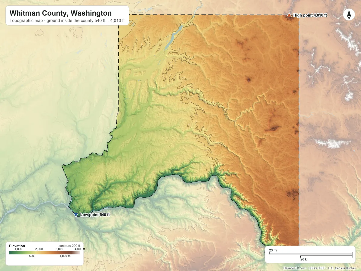 Topographic elevation map of Whitman County, Washington, shaded from 540 ft on the southwest side to 4,010 ft on Tekoa Mountain