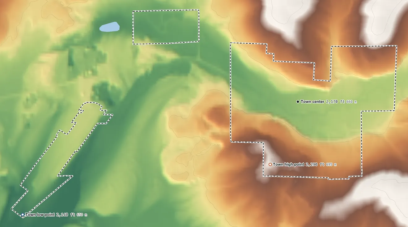 Topographic elevation map of Wilbur, Washington, shaded from 2,140 ft on the west side to 2,290 ft on the southwest side