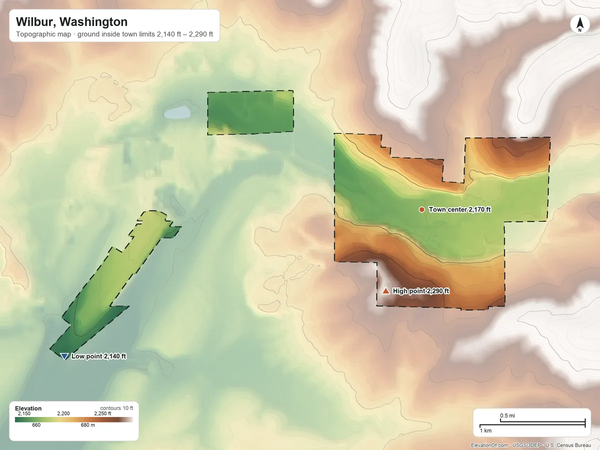 Topographic elevation map of Wilbur, Washington, shaded from 2,140 ft on the west side to 2,290 ft on the southwest side