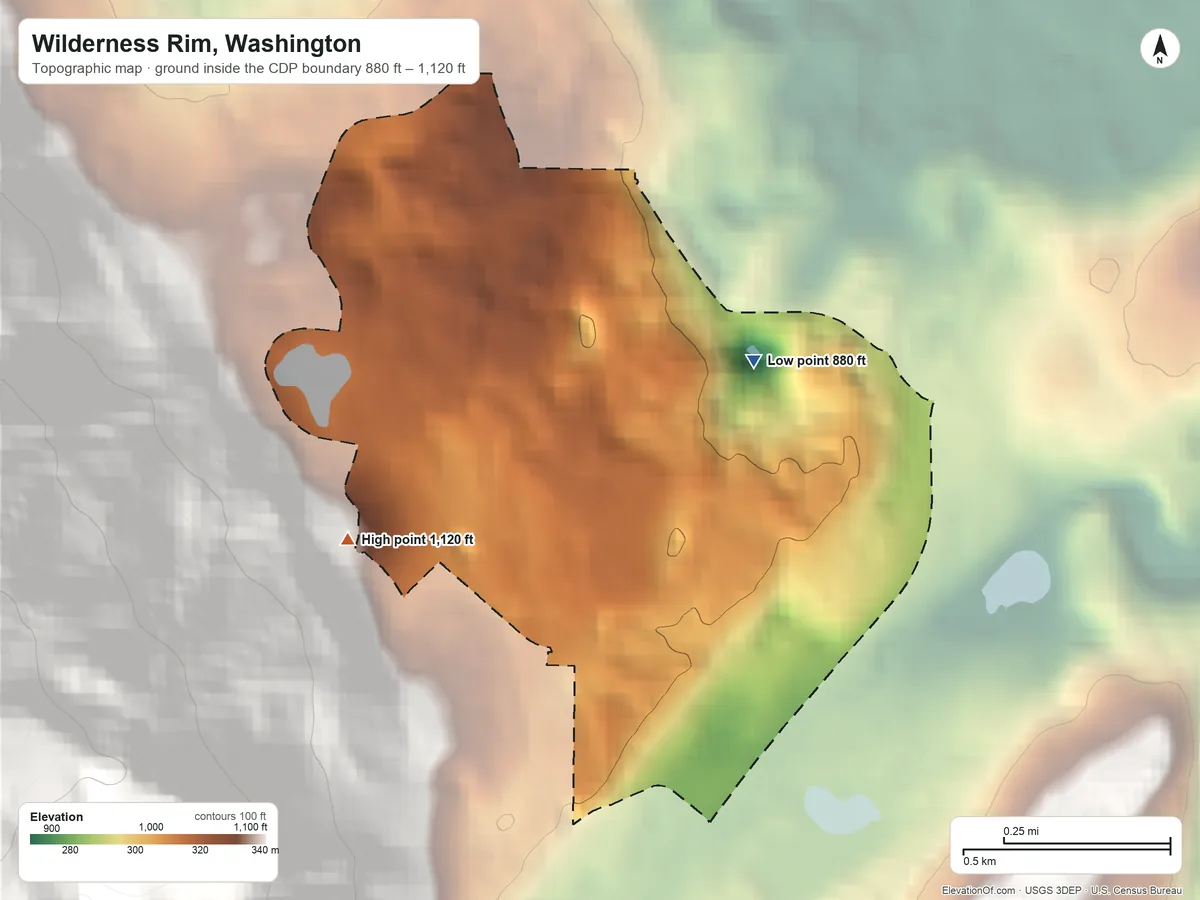Topographic elevation map of Wilderness Rim, Washington, shaded from 880 ft on the northeast side to 1,120 ft on the west edge, below higher ground just outside