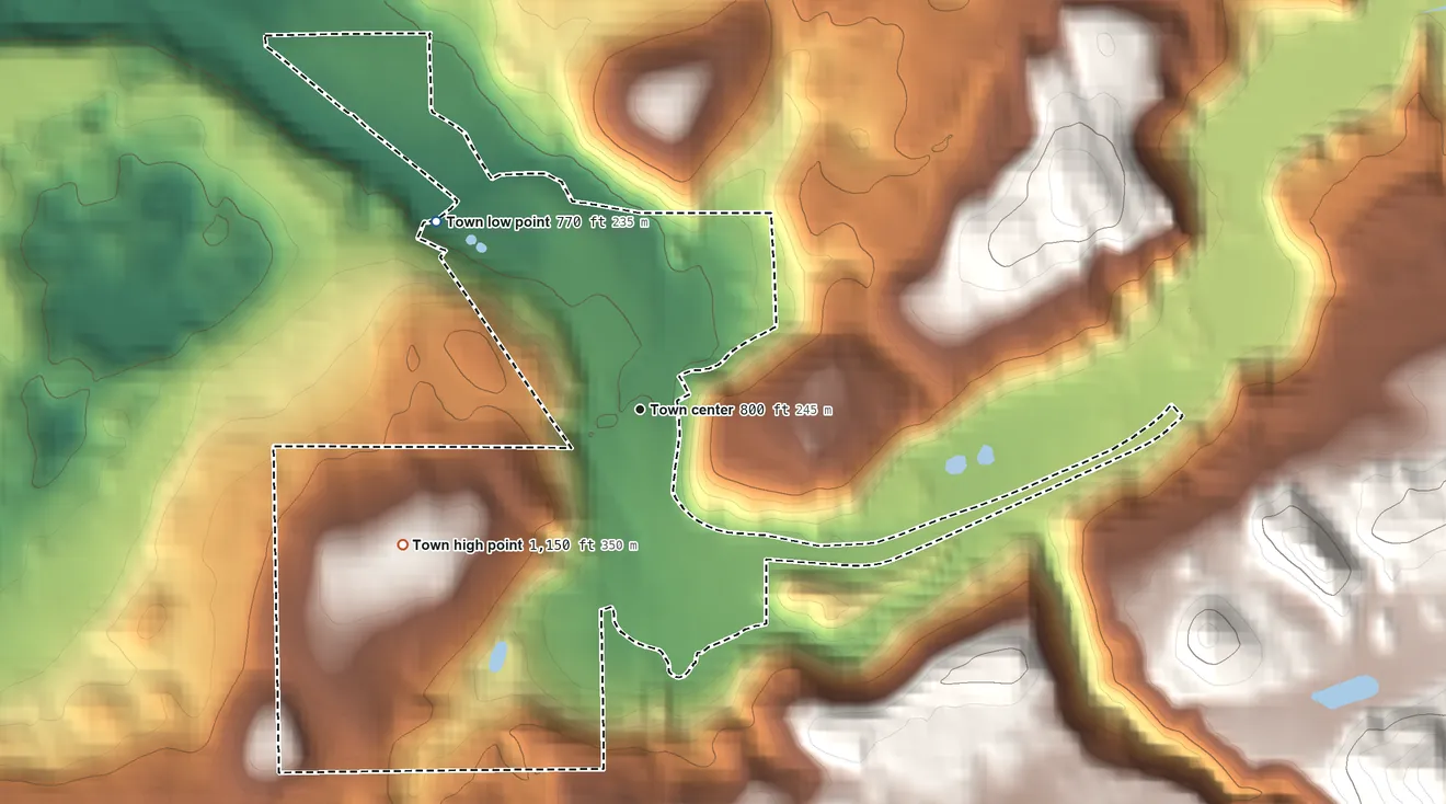Topographic elevation map of Wilkeson, Washington, shaded from 770 ft on the northwest side to 1,150 ft on the southwest edge, below higher ground just outside