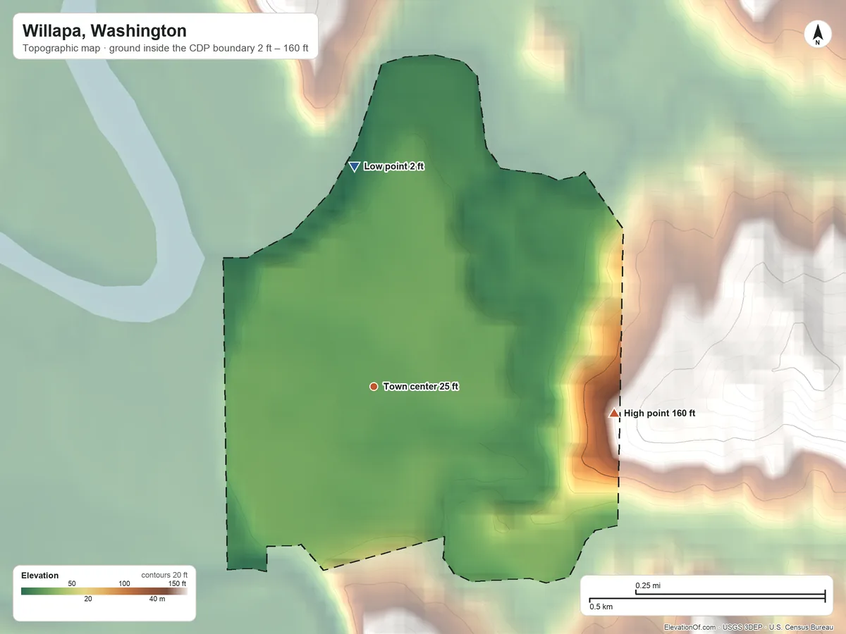 Topographic elevation map of Willapa, Washington, shaded from 2 ft on the north side to 160 ft at the foot of the Willapa Hills