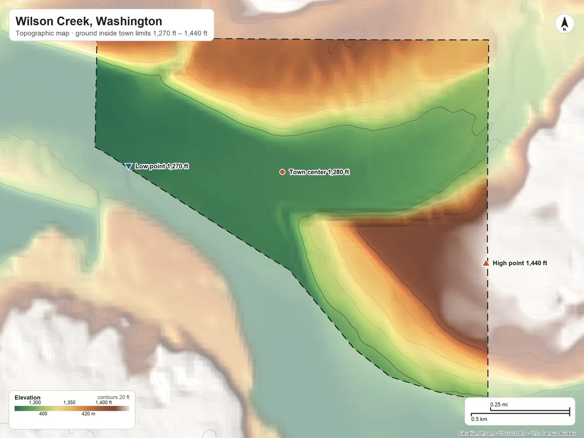 Topographic elevation map of Wilson Creek, Washington, shaded from 1,270 ft on the west side to 1,440 ft on the southeast side