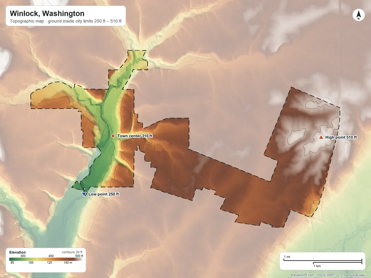 Topographic elevation map of Winlock, Washington, shaded from 250 ft on the southwest side to 510 ft on the east side