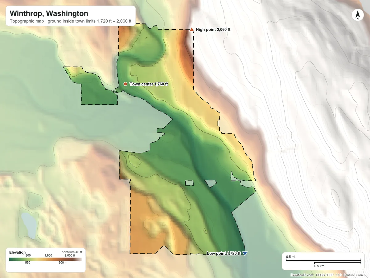 Topographic elevation map of Winthrop, Washington, shaded from 1,720 ft on the southeast side to 2,060 ft on the northeast edge, below higher ground just outside