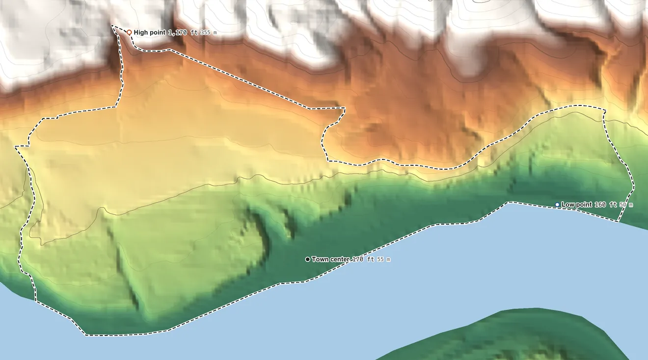 Topographic elevation map of Wishram, Washington, shaded from 160 ft on the east side to 1,170 ft at the foot of the Columbia Hills