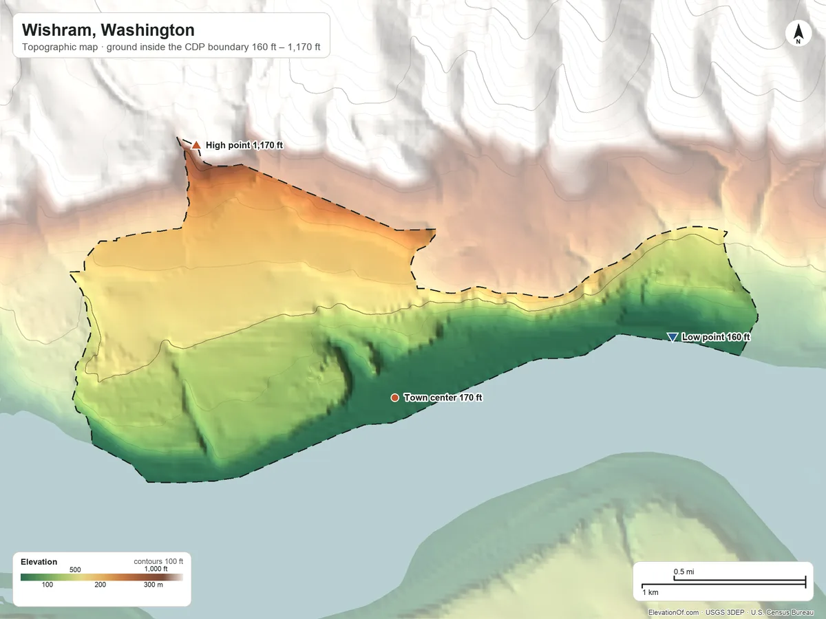 Topographic elevation map of Wishram, Washington, shaded from 160 ft on the east side to 1,170 ft at the foot of the Columbia Hills