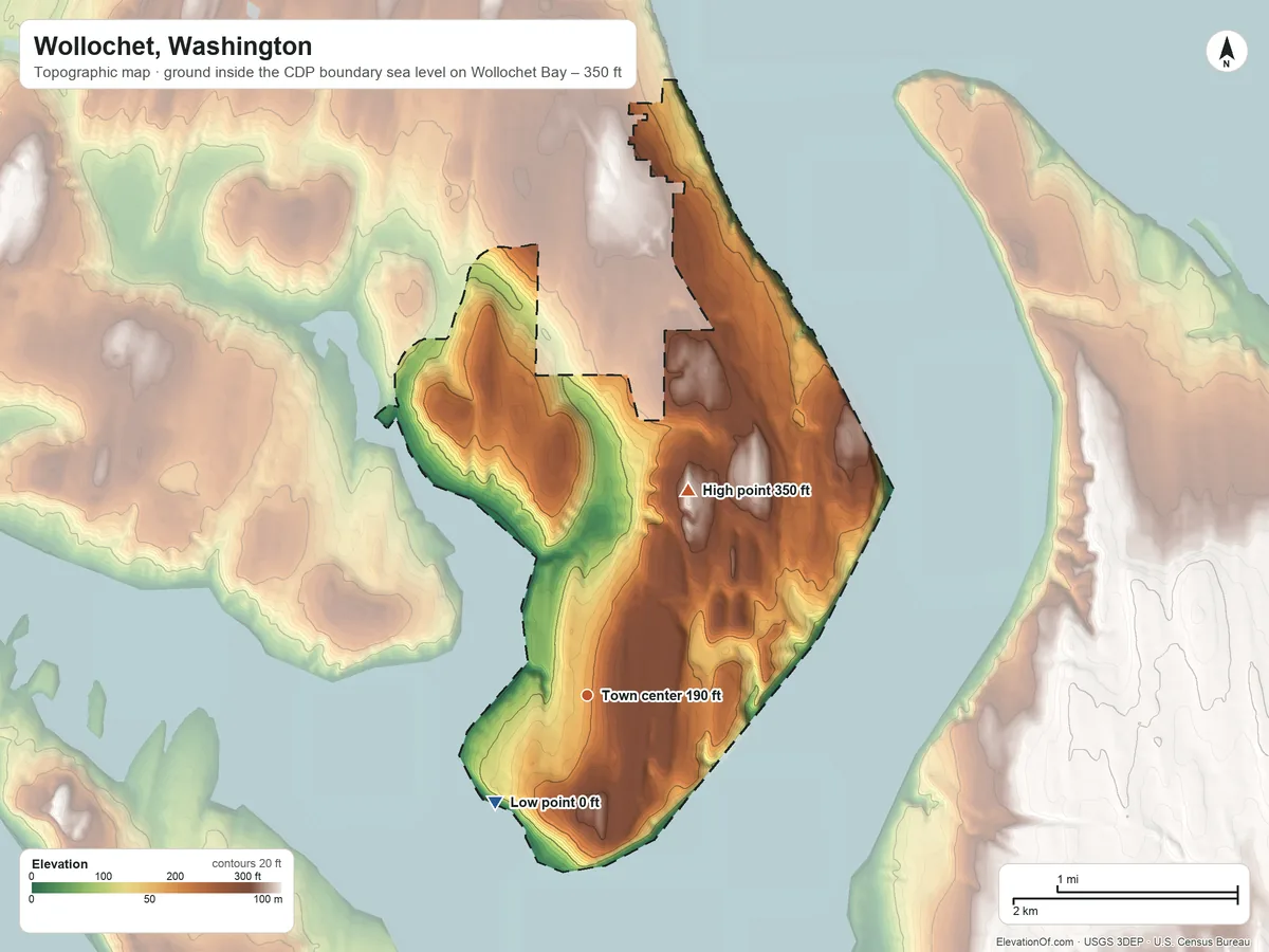 Topographic elevation map of Wollochet, Washington, shaded from sea level level on Wollochet Bay to 350 ft on the northeast side