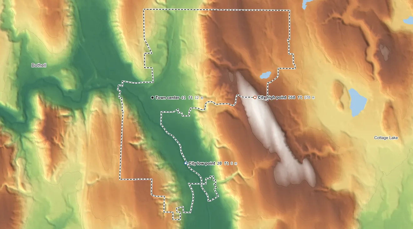 Topographic elevation map of Woodinville, Washington, shaded from 20 ft on the southeast side to 560 ft on the east side