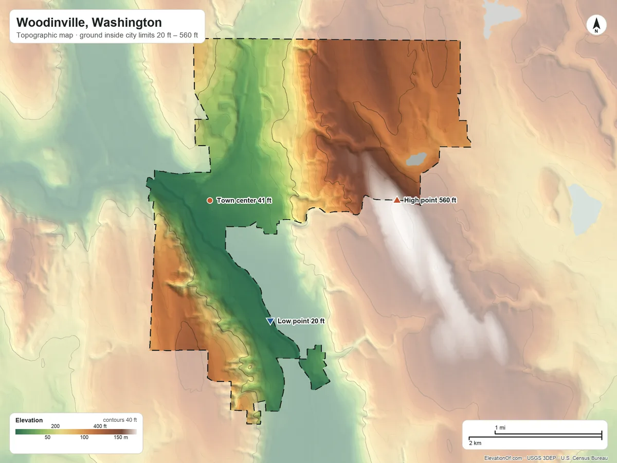 Topographic elevation map of Woodinville, Washington, shaded from 20 ft on the southeast side to 560 ft on the east side