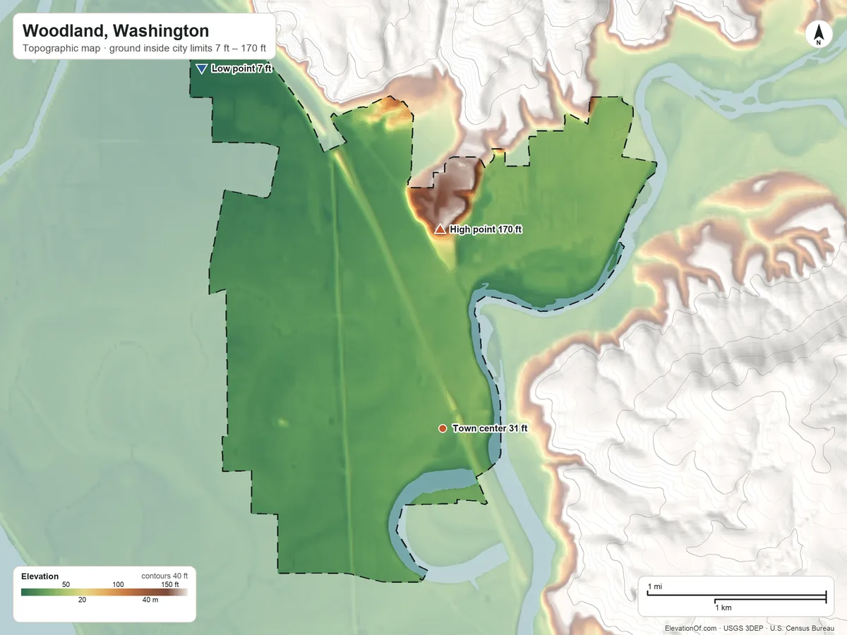 Topographic elevation map of Woodland, Washington, shaded from 7 ft on the northwest side to 170 ft on the north edge, below higher ground just outside
