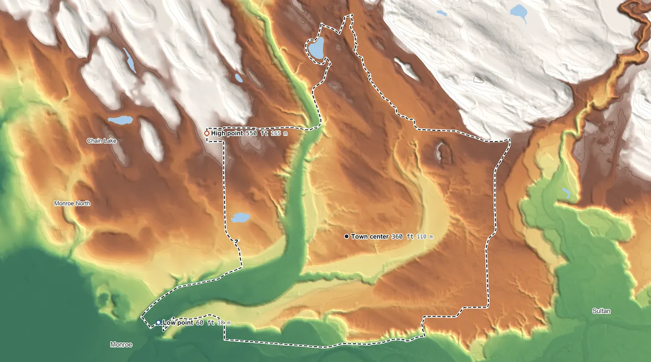 Topographic elevation map of Woods Creek, Washington, shaded from 60 ft on the southwest side to 550 ft on the northwest side