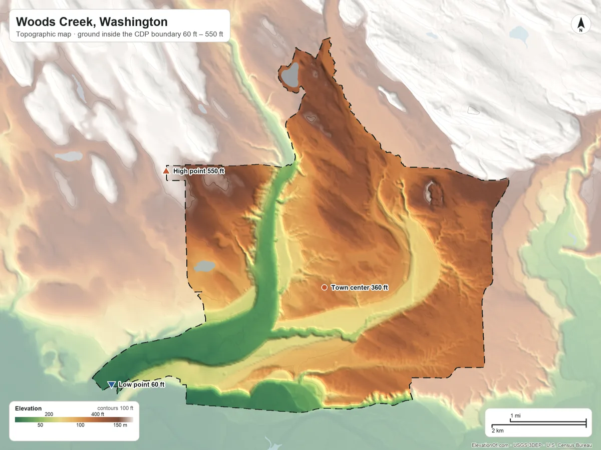 Topographic elevation map of Woods Creek, Washington, shaded from 60 ft on the southwest side to 550 ft on the northwest side