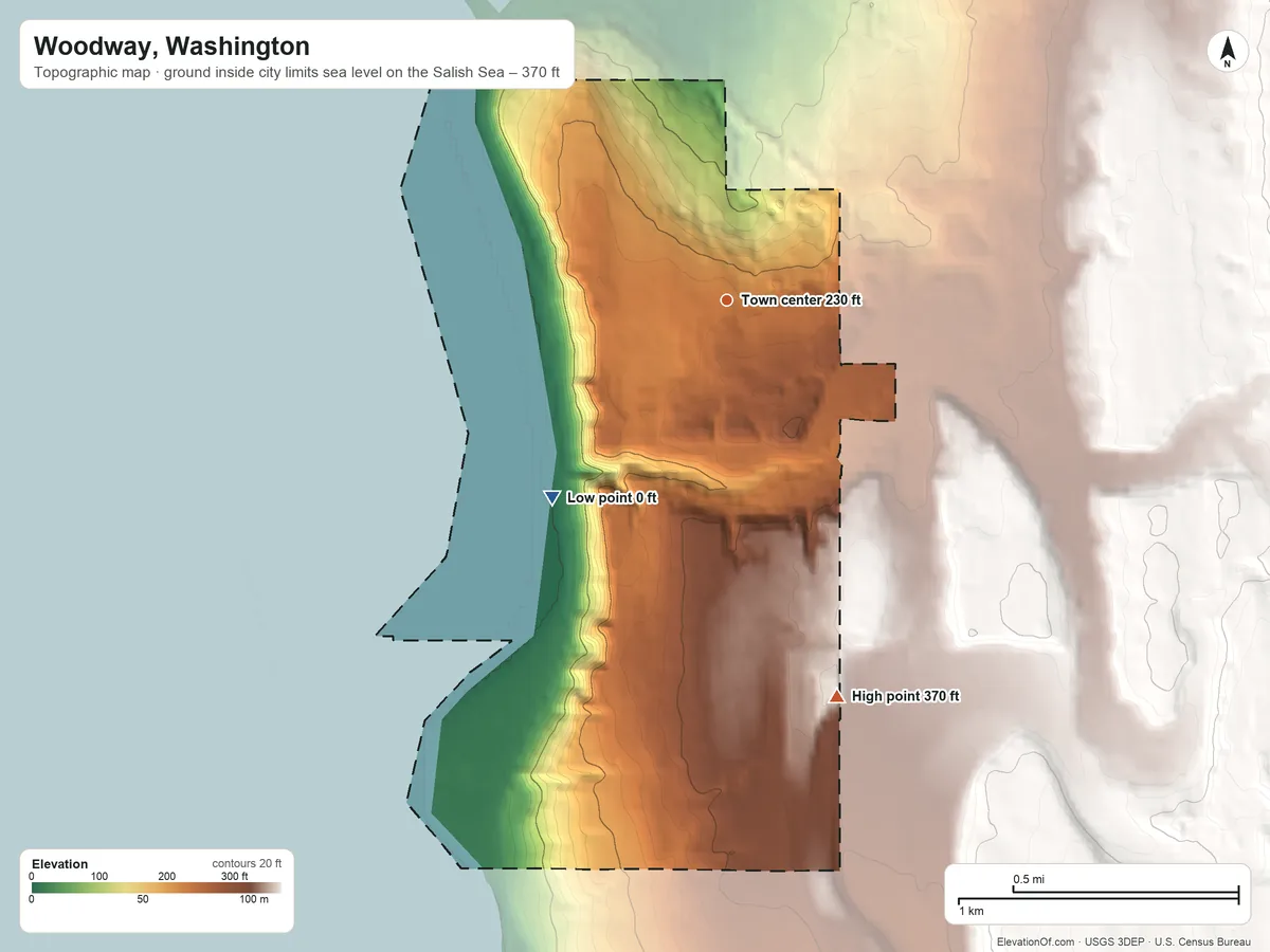 Topographic elevation map of Woodway, Washington, shaded from sea level level on the Salish Sea to 370 ft on the south side