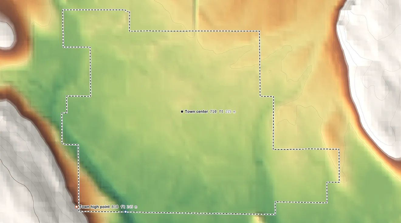 Topographic elevation map of Yacolt, Washington, shaded from 670 ft on the southwest side to 810 ft on the southwest edge, below higher ground just outside