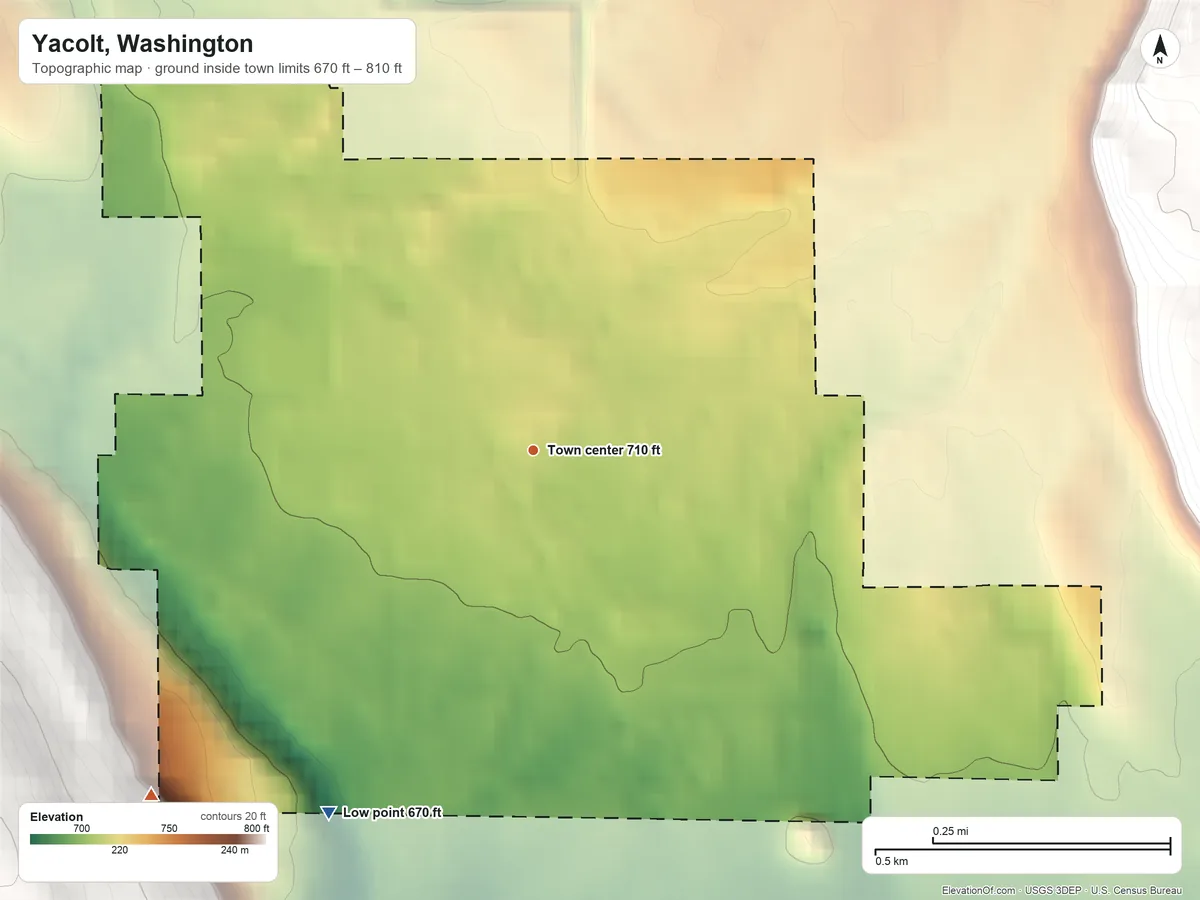 Topographic elevation map of Yacolt, Washington, shaded from 670 ft on the southwest side to 810 ft on the southwest edge, below higher ground just outside