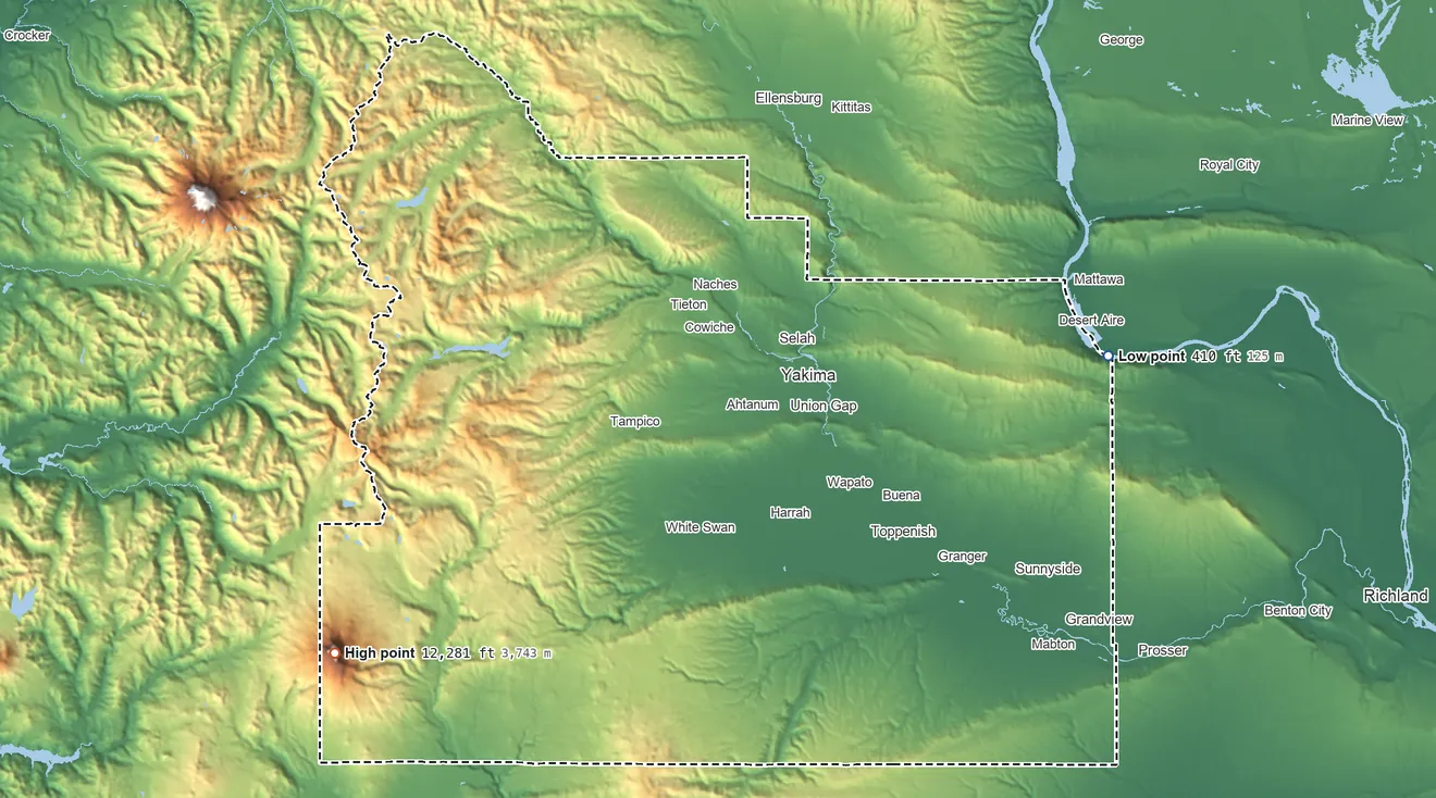 Topographic elevation map of Yakima County, Washington, shaded from 410 ft on the east side to 12,281 ft on Mount Adams