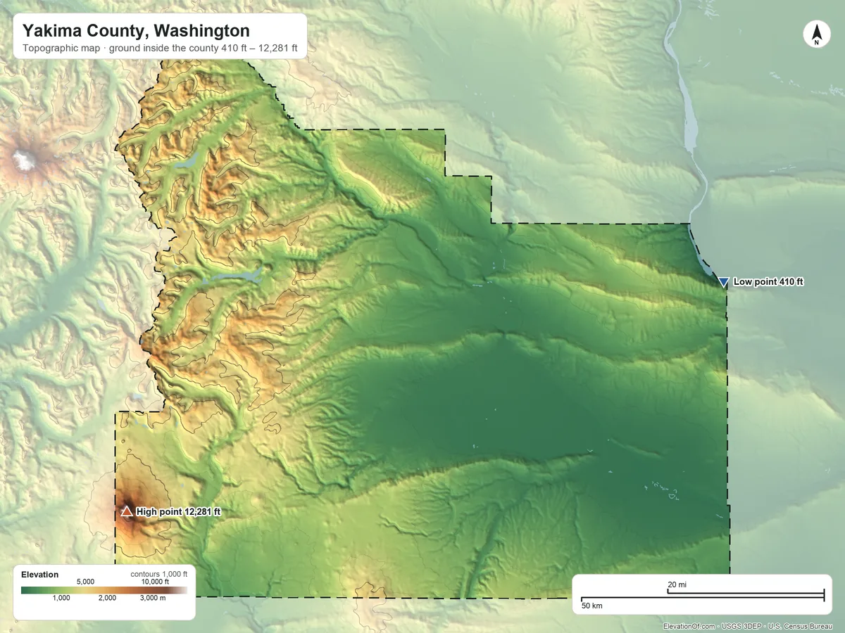 Topographic elevation map of Yakima County, Washington, shaded from 410 ft on the east side to 12,281 ft on Mount Adams